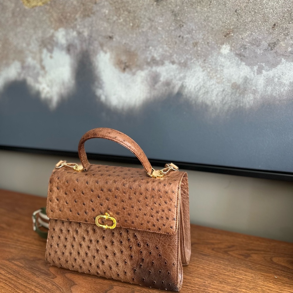 Elegant Brown ostrich Leather Handbag - Picture 2 of 7
